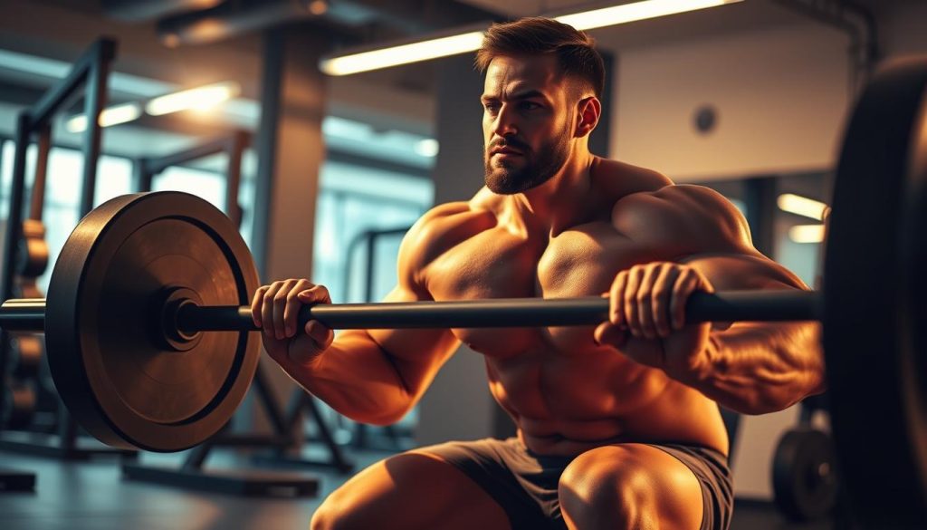 A muscular man performing a squatting exercise with a heavy barbell, bathed in warm, golden lighting that accentuates his defined physique. The scene is set in a sleek, modern gym with minimalist decor, capturing the focus and intensity of a strength training session. The subject's expression conveys determination and power, highlighting the benefits of this type of workout for enhanced sexual stamina and confidence. The camera angle is slightly low, emphasizing the subject's strength and dominance. The background is blurred, keeping the attention on the central figure and their rigorous training routine.