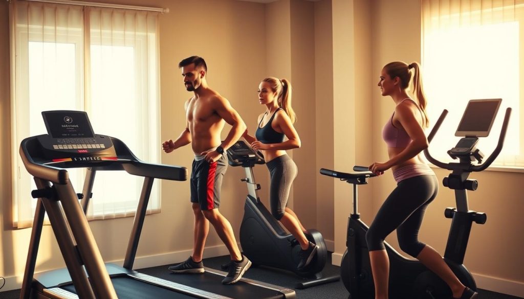 A well-equipped home gym with various cardio equipment, including a treadmill, elliptical machine, and stationary bike. The room is bathed in warm, natural lighting, creating a motivating atmosphere. Fit individuals perform intermediate-level cardio routines, their faces determined as they push themselves. The equipment is positioned against a minimalist, contemporary backdrop, emphasizing the focus on the exercises. The overall composition conveys a sense of purposeful, challenging fitness in a comfortable, inviting setting. A well-equipped home gym with various cardio equipment, including a treadmill, elliptical machine, and stationary bike. The room is bathed in warm, natural lighting, creating a motivating atmosphere. Fit individuals perform intermediate-level cardio routines, their faces determined as they push themselves. The equipment is positioned against a minimalist, contemporary backdrop, emphasizing the focus on the exercises. The overall composition conveys a sense of purposeful, challenging fitness in a comfortable, inviting setting.