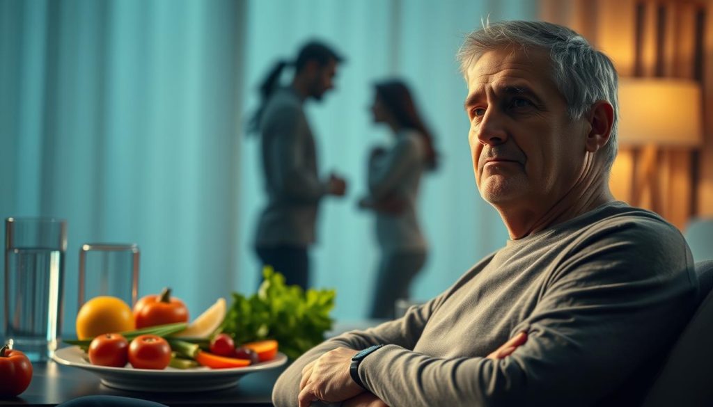 A well-lit, cinematic scene depicting lifestyle factors that affect sexual performance. In the foreground, a middle-aged man in a relaxed pose, with an expression of thoughtfulness. He is surrounded by symbols of a healthy lifestyle - a glass of water, a plate of fresh vegetables, a pair of running shoes. In the middle ground, a dim silhouette of a couple in an intimate embrace, hinting at the connection between lifestyle and intimate relationships. The background is softly blurred, creating a sense of depth and focus on the central figures. The overall mood is contemplative, with warm lighting and muted colors conveying a sense of balance and wellness.