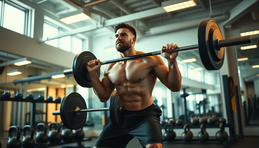 A well-lit, dynamic gym interior with modern equipment. In the foreground, a male weightlifter performing a powerful barbell squat, his muscles rippling with effort. The middle ground showcases a variety of free weights, kettlebells, and resistance bands, hinting at a range of strength training options. In the background, floor-to-ceiling mirrors reflect the workout, creating a sense of depth and intensity. Warm, natural lighting from overhead fixtures bathes the scene, highlighting the focus and determination of the athlete. Camera angle is slightly elevated, conveying a sense of authority and mastery over the strength training process.