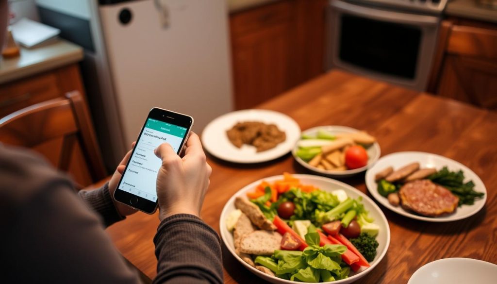 An image of a person using MyFitnessPal on their smartphone to track their daily calorie intake.
