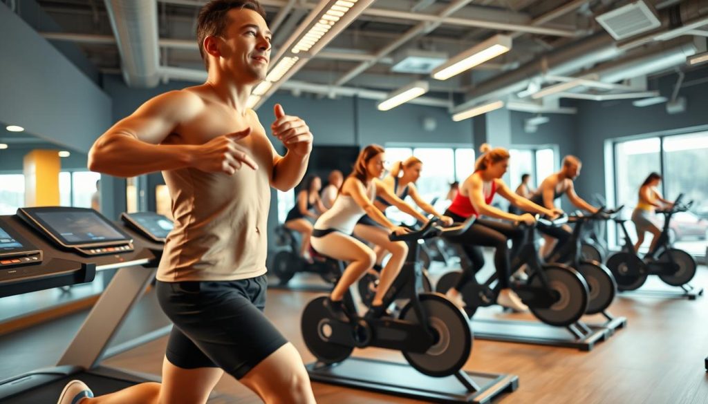 a dynamic scene of cardio training in a modern, well-equipped gym. The foreground features a person running on a treadmill, their body in motion, muscles engaged, face focused. The middle ground showcases people cycling on stationary bikes, their legs pumping, sweat glistening. In the background, individuals are performing strength-training exercises, a blend of weights and resistance bands. The lighting is bright and energizing, casting a warm glow over the space. The camera angle is slightly elevated, providing a wide, panoramic view that captures the energy and intensity of the cardio workout environment. a dynamic scene of cardio training in a modern, well-equipped gym. The foreground features a person running on a treadmill, their body in motion, muscles engaged, face focused. The middle ground showcases people cycling on stationary bikes, their legs pumping, sweat glistening. In the background, individuals are performing strength-training exercises, a blend of weights and resistance bands. The lighting is bright and energizing, casting a warm glow over the space. The camera angle is slightly elevated, providing a wide, panoramic view that captures the energy and intensity of the cardio workout environment.